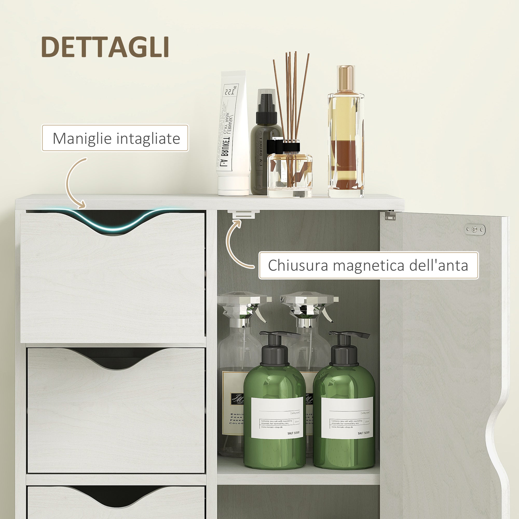 Mobile Bagno con 4 Cassetti e Armadietto 54x29x83 cm Maniglie Ritagliate in Legno Bianco
