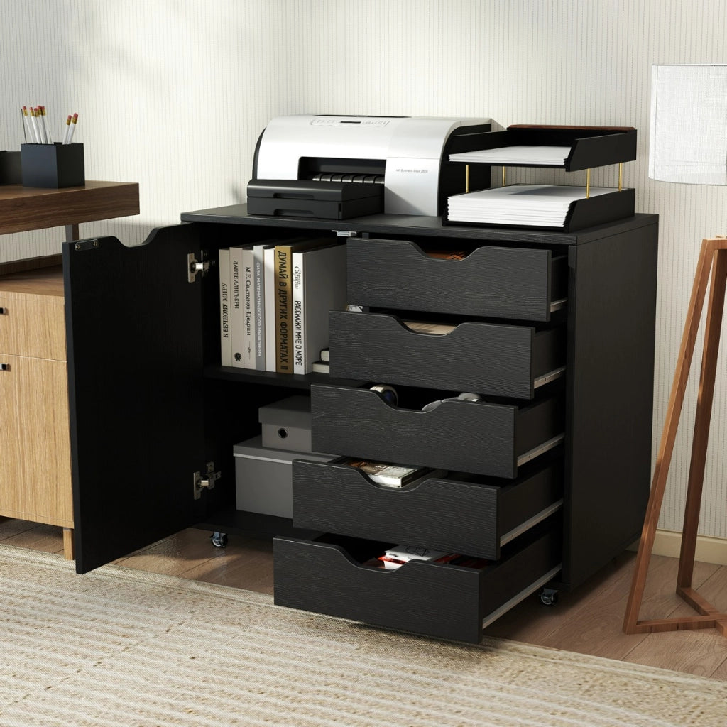 Mobiletto con 5 cassetti e anta per ufficio a casa, Carrello con ripiano regolabile e 5 rotelle Nero