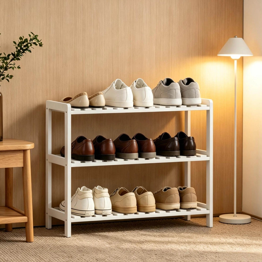 Scarpiera 70x26x57，5 cm in pino e MDF bianco， 3 ripiani per ingresso