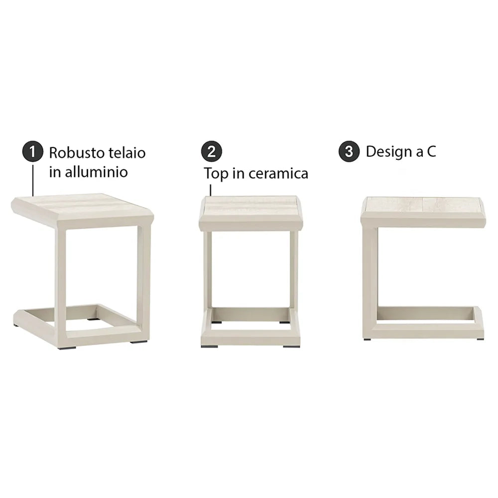 Tempo Style - Tavolino da Resort Nice beige 43x35 cm | Tavolino Salvaspazio, Elegante e Resistente per Giardino, Terrazza e Balcone | Struttura in alluminio con top ceramica