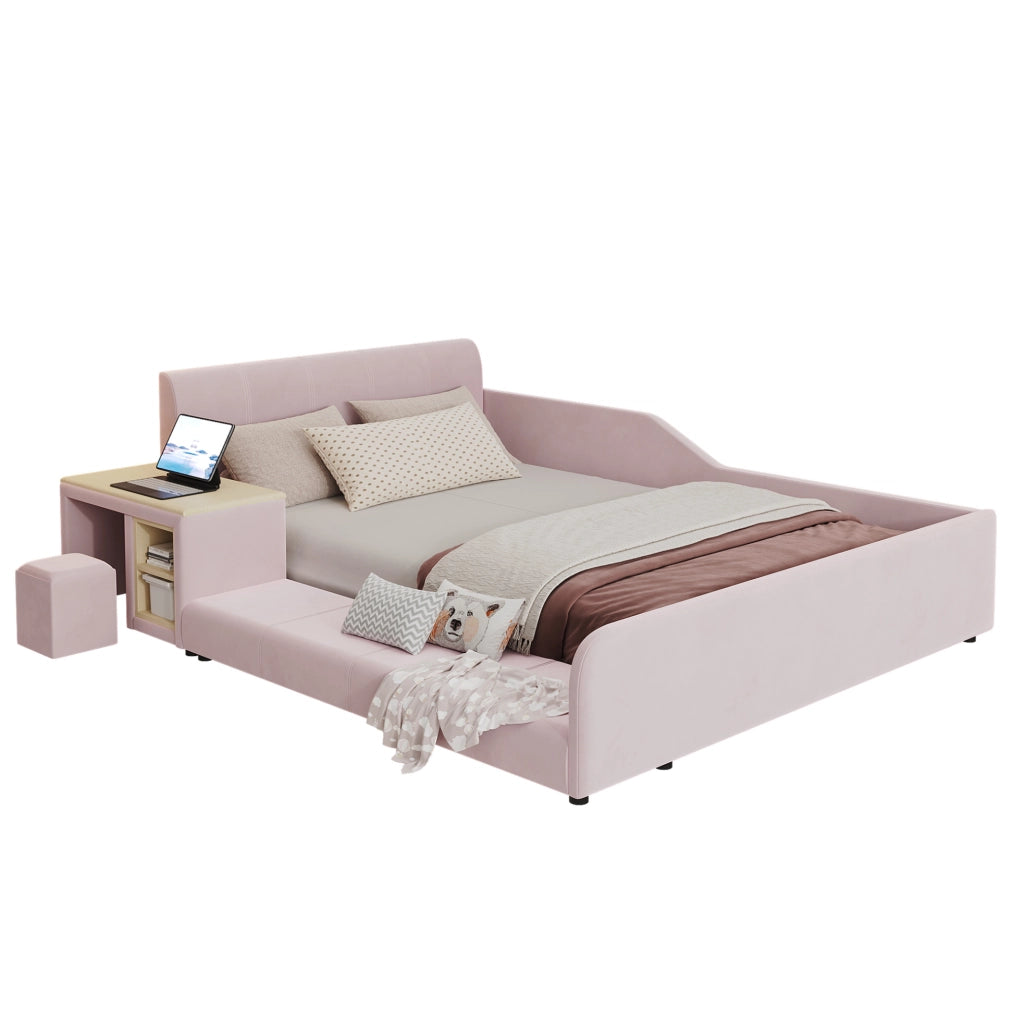 Letto imbottito 140x200 cm con scrivania; sgabello e ripiano in velluto rosa