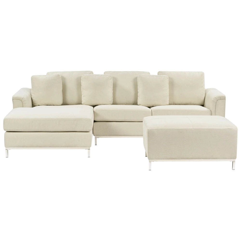 Divano ad angolo rivestito in tessuto beige con ottomana a forma di L con orientamento a versione destra