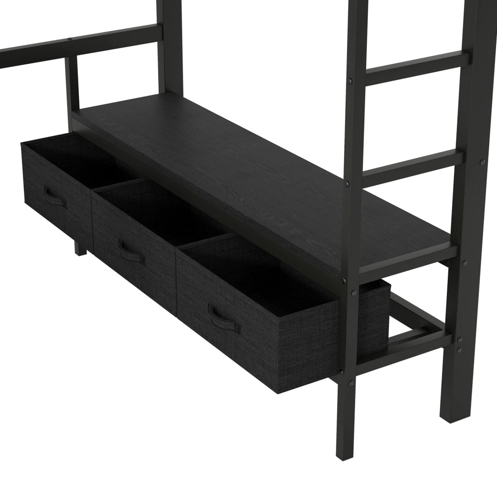 Letto a soppalco 140x200 cm nero con scrivania, LED, armadio aperto e cassetti