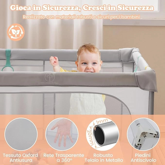 Box per Bambini 127 x 127 cm, Recinto per Bambini Pieghevole in Tessuto Oxford con Rete Traspirante, Box con Giochi che Include 50 Palline, 4 Pezzi Anelli e Borsa (Grigio, 127 x 127 cm)