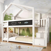 Letto a castello 90x200 cm a casetta con scala contenitore e lavagna in truciolare e legno bianco