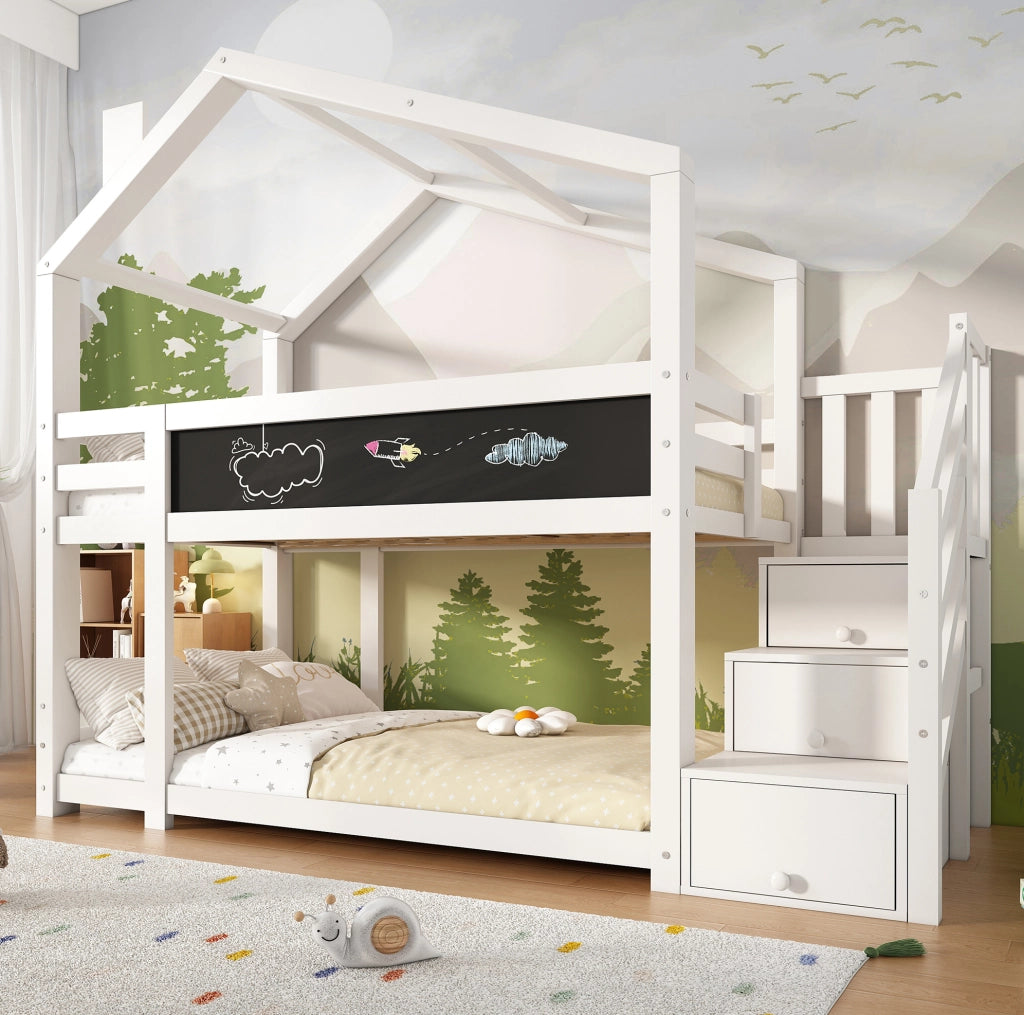 Letto a castello 90x200 cm a casetta con scala contenitore e lavagna in truciolare e legno bianco