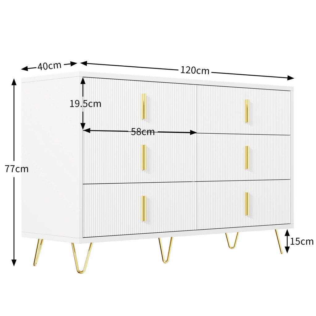 Credenza moderna con 6 cassetti, finitura bianca e dorata, 120 x 77 x 40 cm