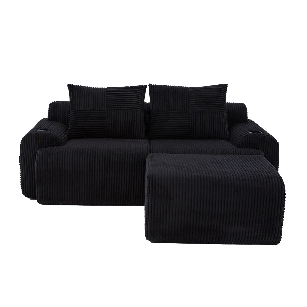 Divano modulare a 2 posti in corduroy nero con portabicchieri e tasca laterale, 200x174x80 cm