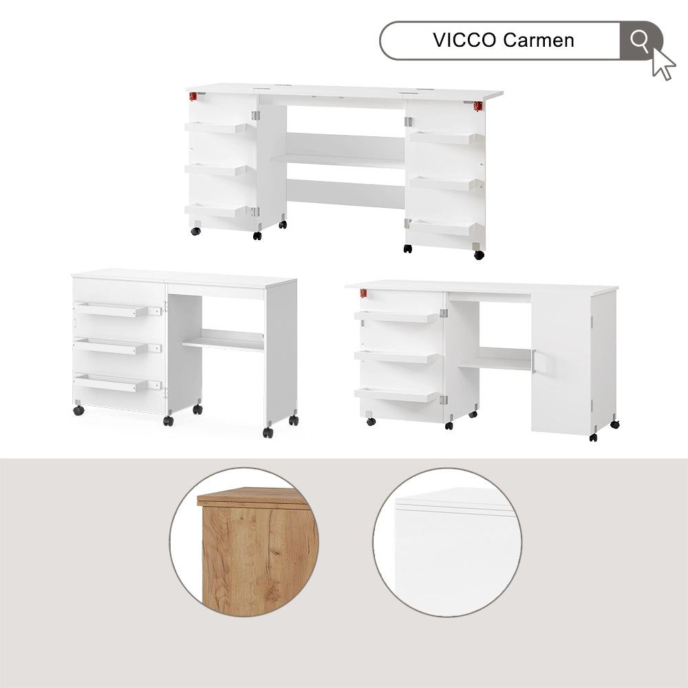 Vicco Tavolo da cucito Bianco 148 x 75 cm con 3 ripiani e armadio