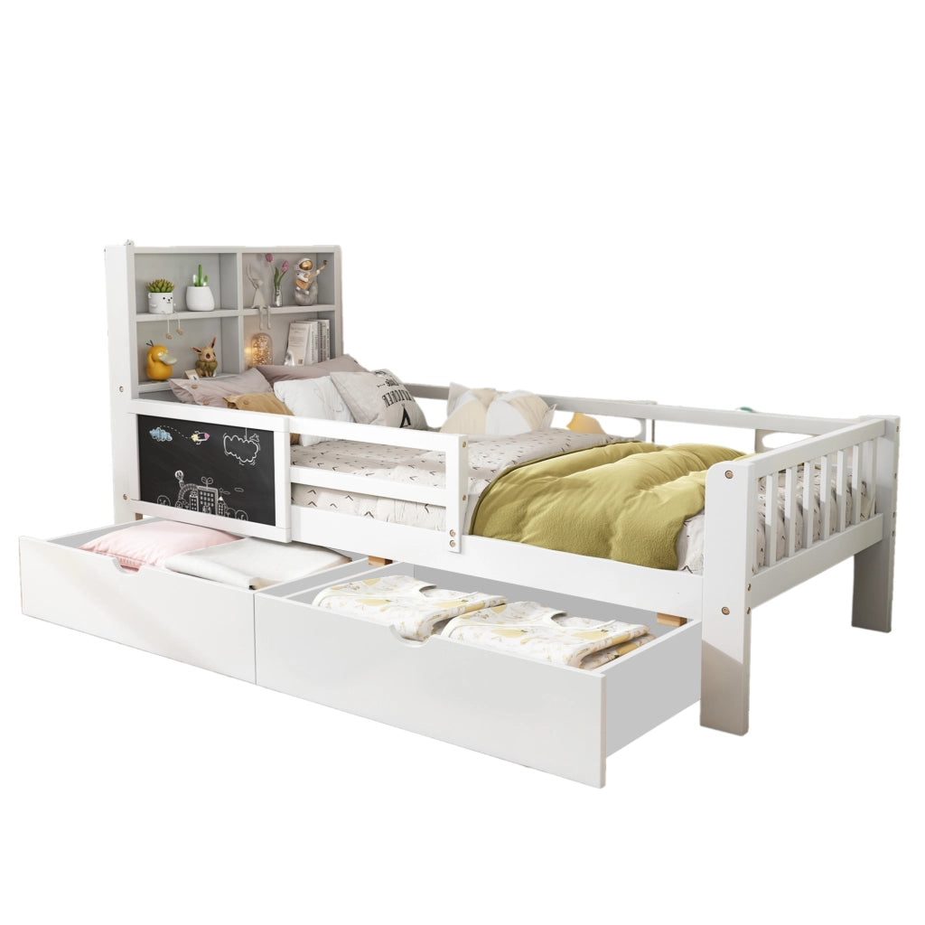 Letto per bambini 90x200 cm con lavagna e cassetti; legno e MDF; bianco (Senza materasso)