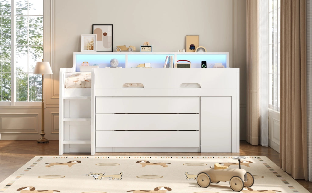 Letto a soppalco basso 90 × 200 cm con 3 cassetti, scrivania mobile, ripiani e LED, senza materasso, bianco