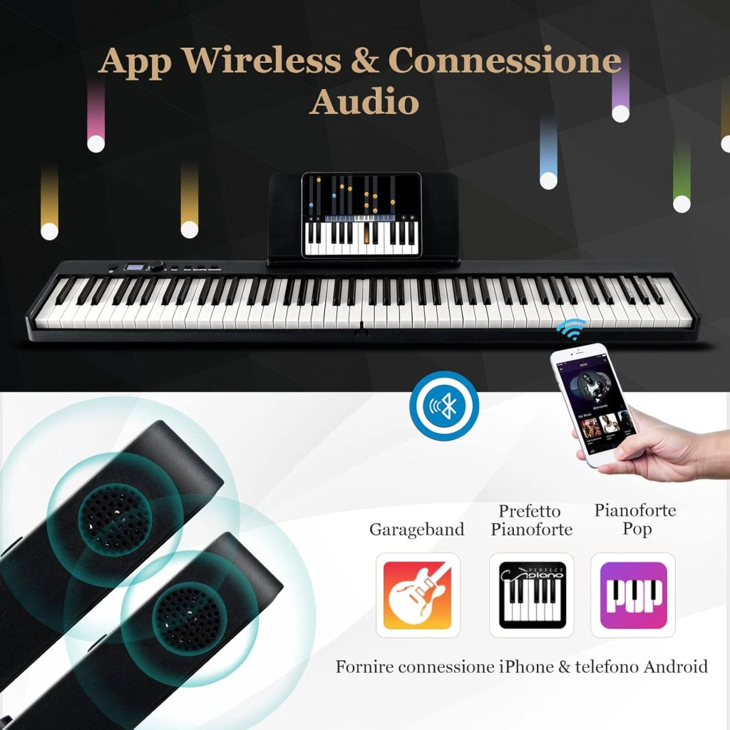 Tastiera Elettronica 88 Tasti Illuminati, Pianoforte Digitale Pieghevole Portatile con Custodia, Sustain Pedali, Modalità di Insegnamento, MP3/USB/MIDI/Bluetooth (Nero)