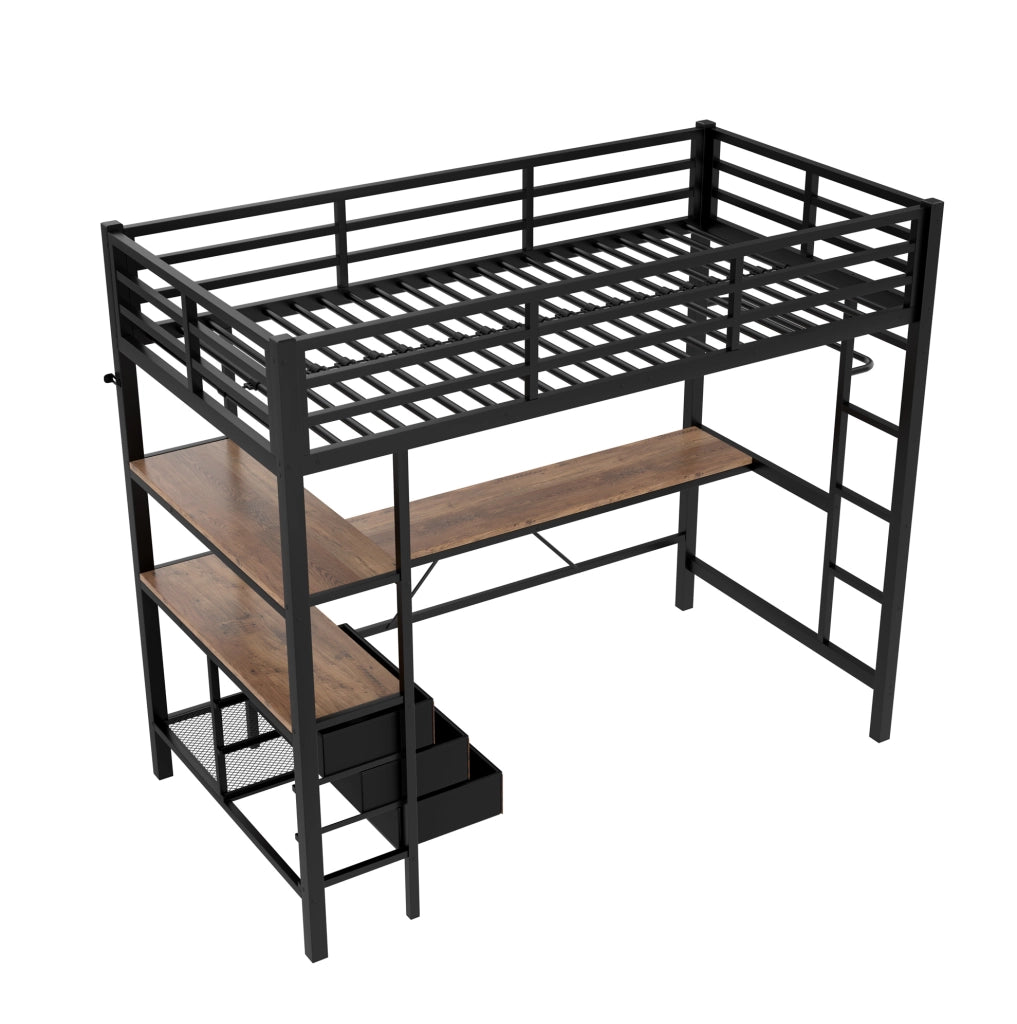 Letto a soppalco 90x200 cm in metallo e MDF; con luce ambientale; scrivania; prese USB; nero