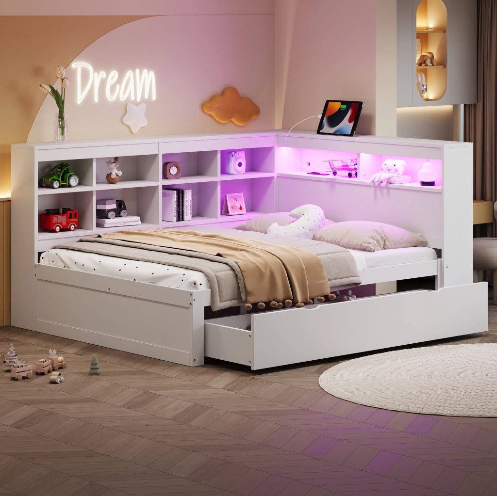 Divano letto 140x200 cm; con USB e LED; legno bianco