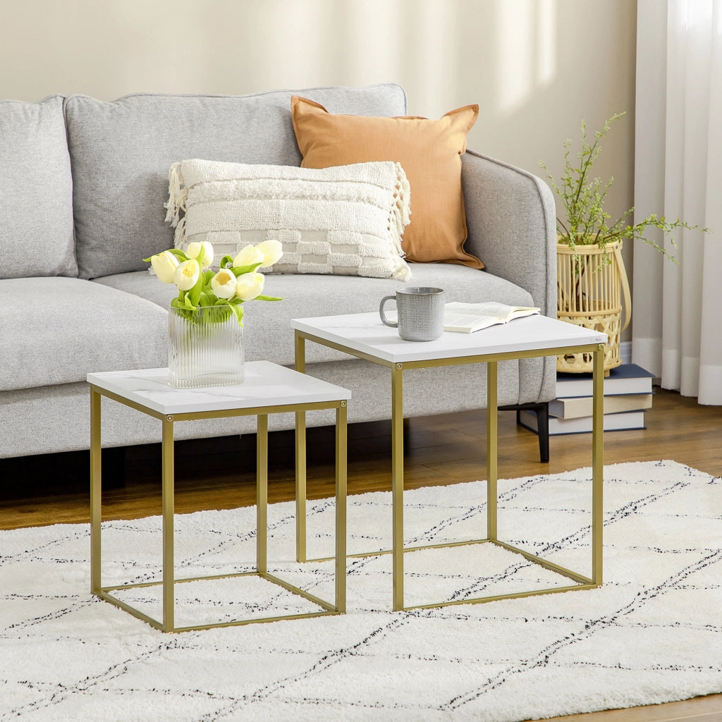 EasyComfort Tavolino da Salotto Set 2 Pezzi Impilabile con Piano in Truciolato e Struttura in Acciaio, Bianco e Oro