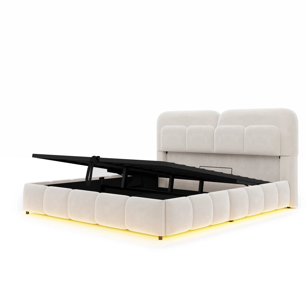 DESMIU Letto con contenitore 140 × 200 cm 2 posti con LED, contenitore idraulico e senza materasso, in velluto, beige