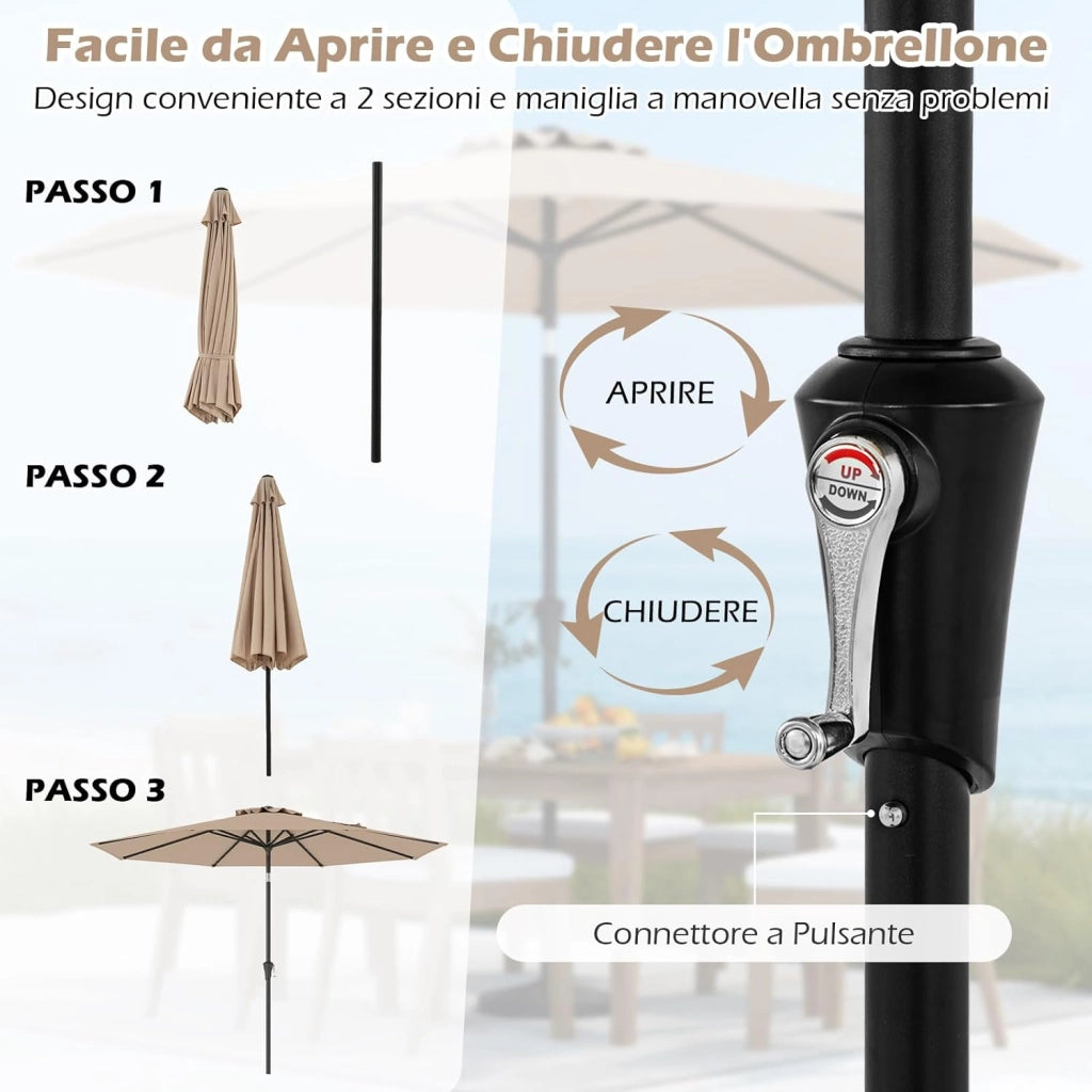 Ombrellone da Giardino, Diametro 290 cm, Ombrello da Spiaggia con Manovella e Inclinazione Regolabile, Ideale per Spiaggia, Balcone, Giardino (Beige)