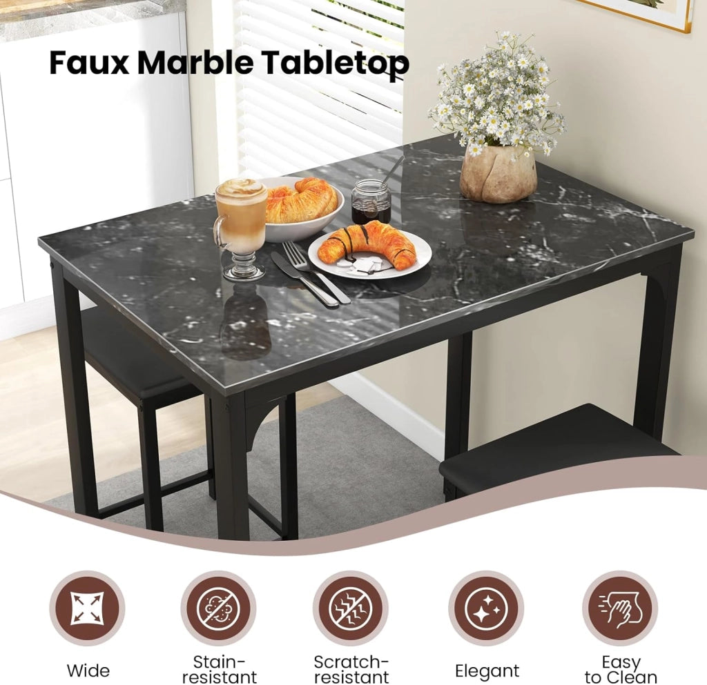 Tavolo alto da cucina e 2 sgabelli, set di 3 pezzi da sala da pranzo per 2 persone, tavolo bar cucina moderno e compatto in finitura finto marmo, mangia in piedi per bistrò, soggiorno