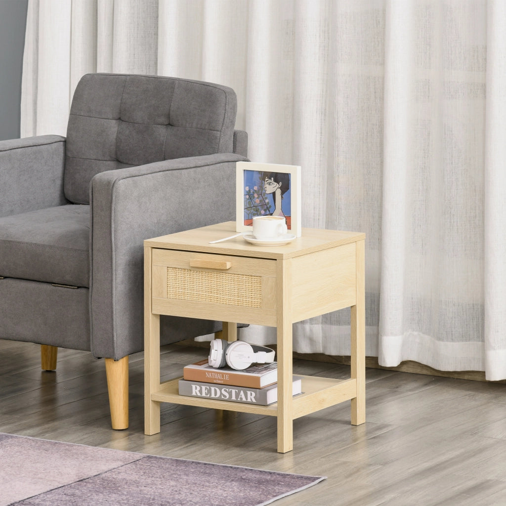 Comodino con cassetto e scaffale ¨C zephmum ¨C canna di rattan, legno chiaro, 40x40x48 cm