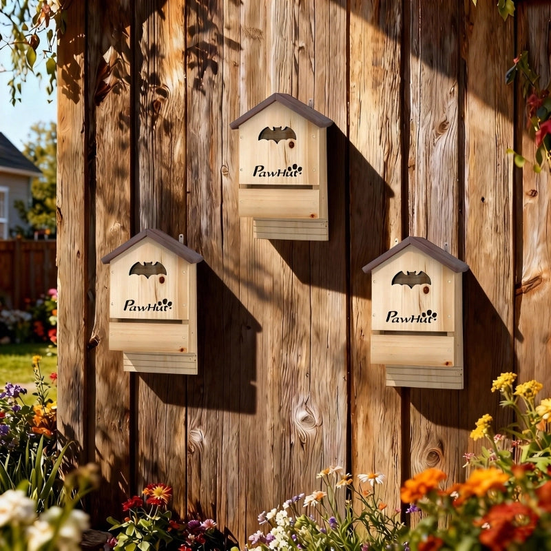 Set di 3 casette per pipistrelli in legno di abete, da appendere in giardino, 21,5 x 11,5 x 34 cm