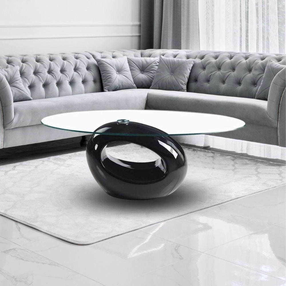 Tavolino da salotto con piano in vetro ovale e struttura nero lucido 115x65x40 Miranda