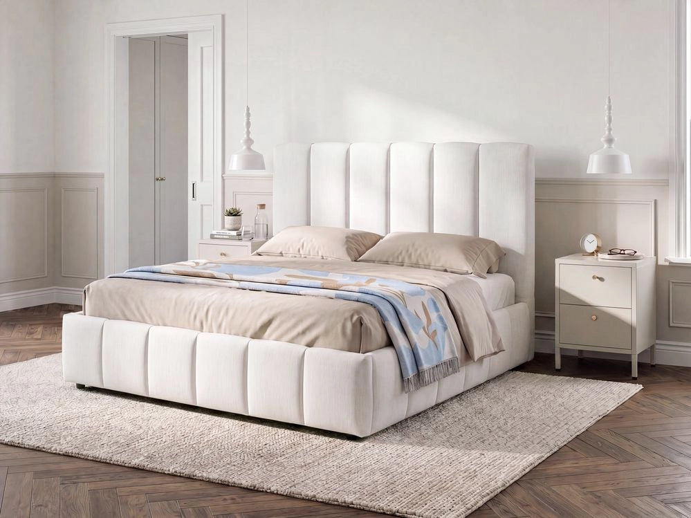 Letto matrimoniale contenitore con trapuntatura verticale in tessuto bianco sporco 140x200 cm struttura sollevabile e testiera alta