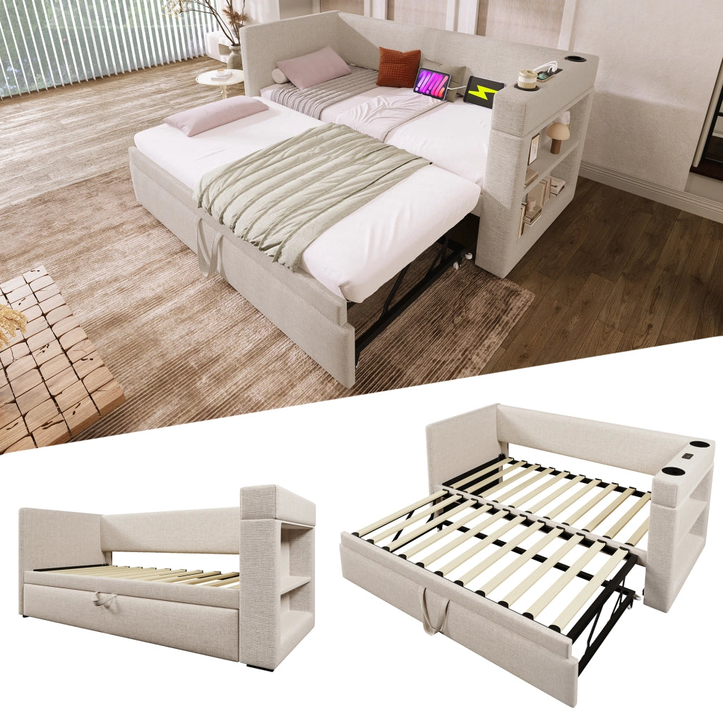 LETTO Divano con letto estraibile 90x190 cm Beige cotone e lino