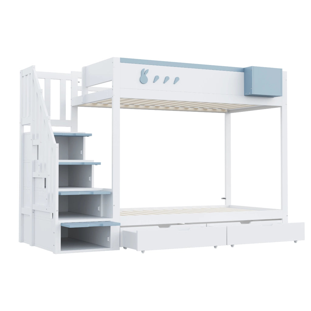 LETTO A CASTELLO 90x200 cm in Legno Bianco e Blu con sponde e ripiano rimovibile