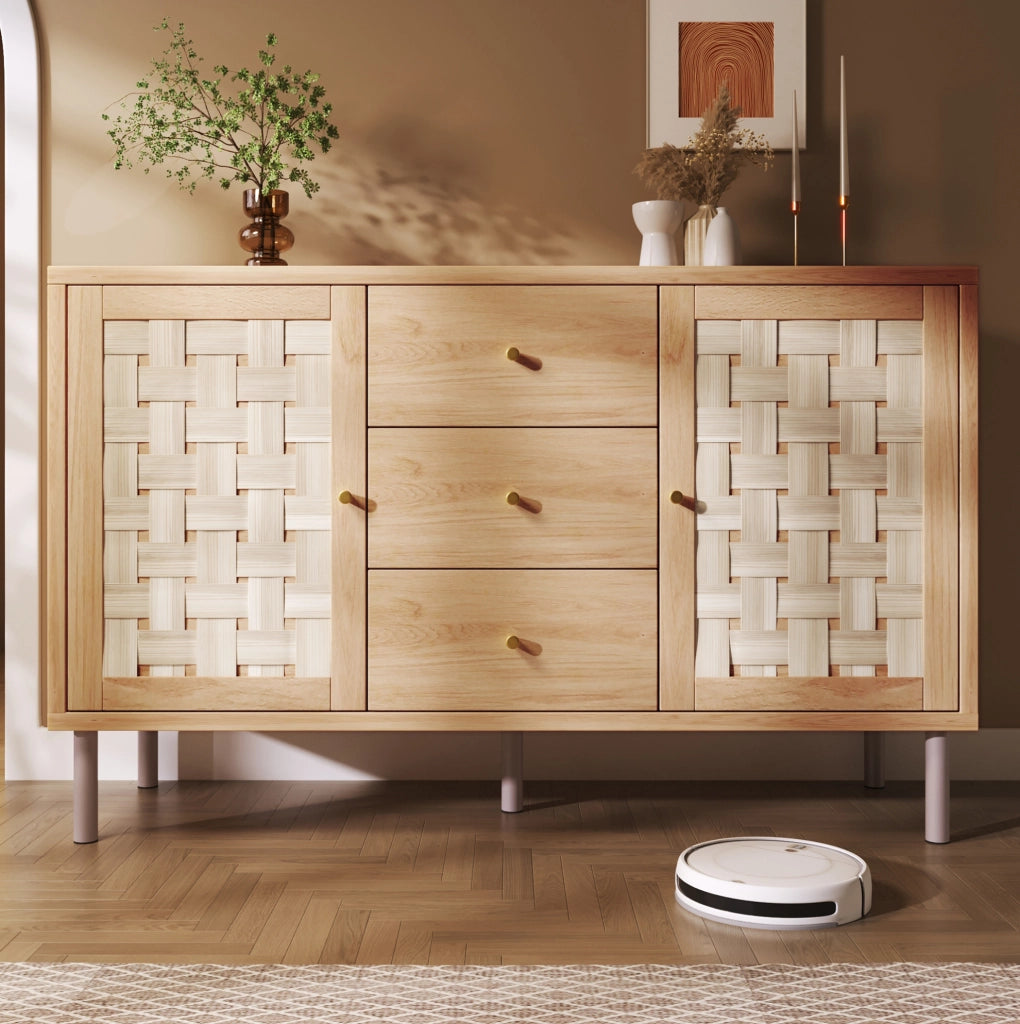 Credenza 120x40x75 cm in MDF e metallo; ecru; 2 ante e 3 cassetti