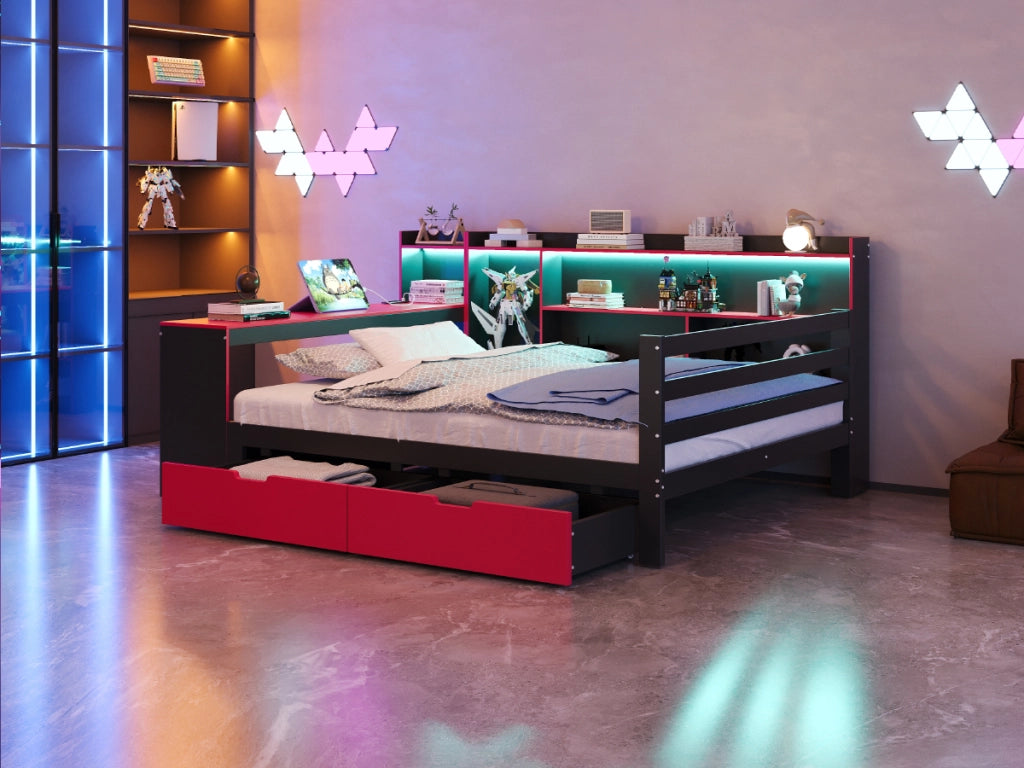 Divano letto in legno 140 x 200 cm nero+rosso; scrivania; libreria; deposito; LED; prese e cassetti