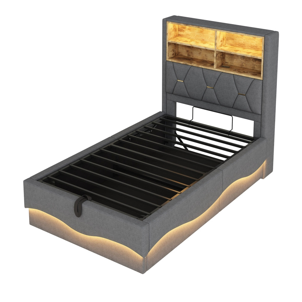 Letto per bambini e ragazzi 90x200 cm con LED; USB e contenitore; grigio in lino