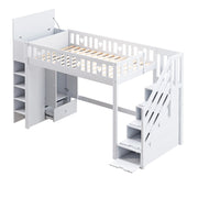 Letto a Soppalco Singolo con Scala Contenitore; Scaffali e Armadio Ribaltabile 90×200 cm; senza Materasso