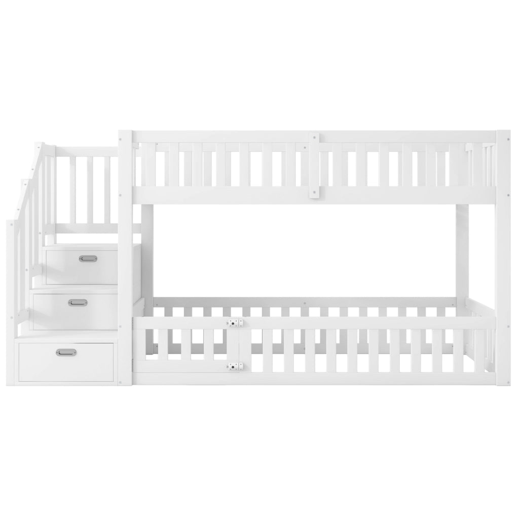 Letto a castello 90x200 cm con scala; sponde e portello in MDF e pino bianco