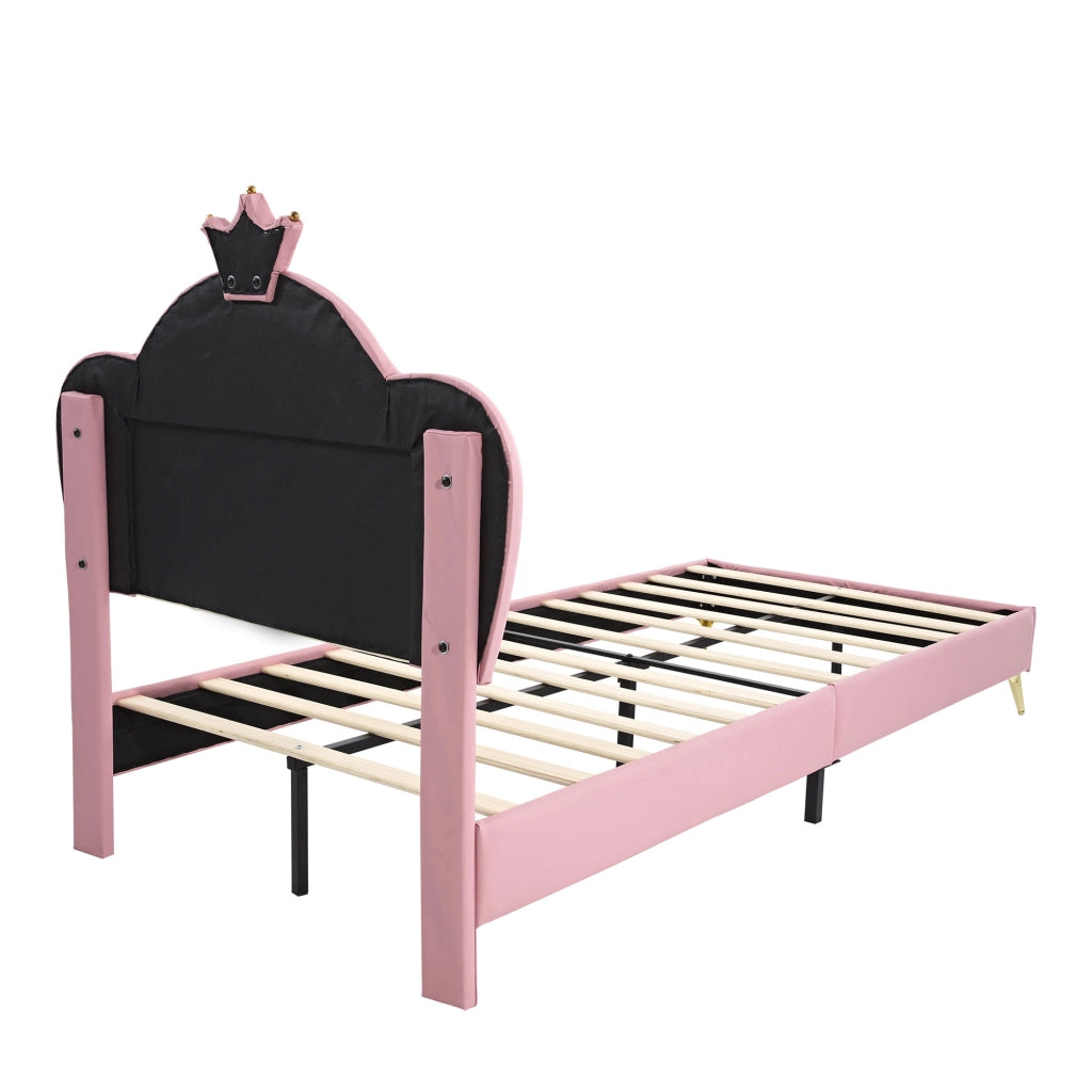 OKWISH Letto Bambini 90×200 cm, Letto Singolo con Bordi Imbottiti, Testiera Corona e 12 Doghe, senza Materasso, PU, Rosa e Bianco