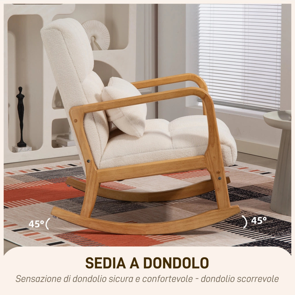 Poltrona a Dondolo 90°-130° 64,5x82x89 cm con Cuscino Lombare in Tessuto Sherpa Bianco