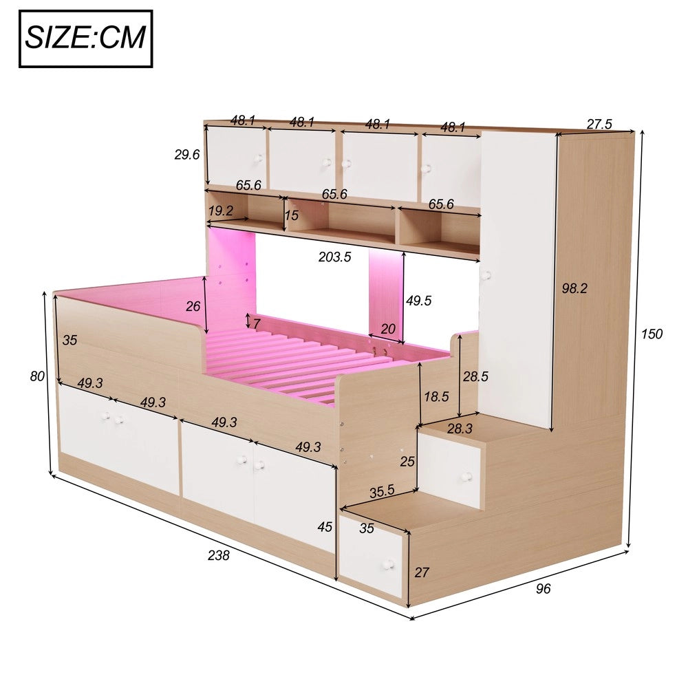 Letto Bambini in Legno con Soppalco, LED, Cassetti e Armadio ¨C Xylo ¨C 90x200