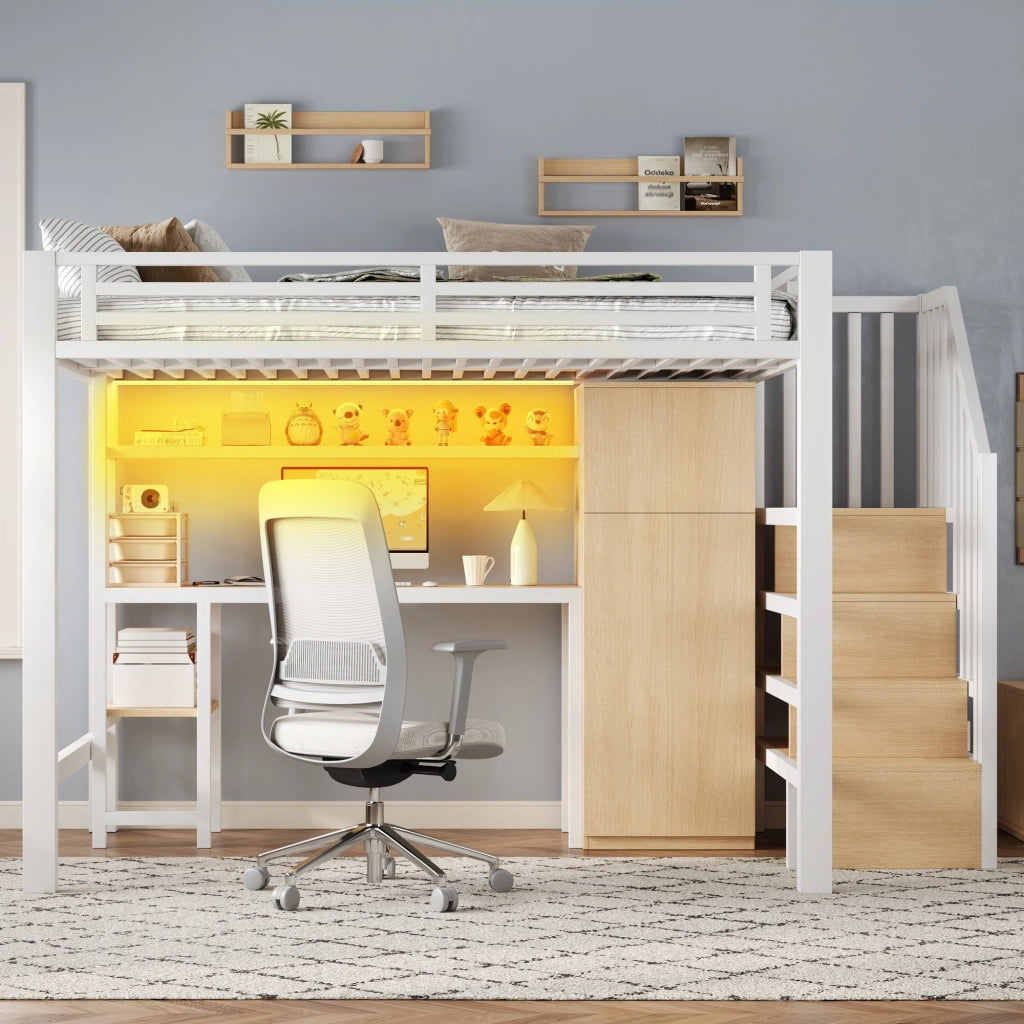 Letto a soppalco 140 × 200 cm con scrivania, armadio, scala contenitore e LED, senza materasso, in metallo, bianco