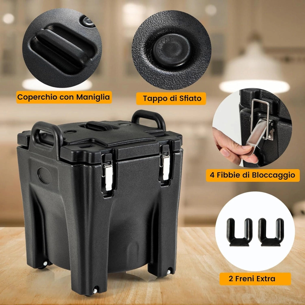 30 L Contenitore Termico Portatile per cibi e bevande, contenitore per alimenti in Acciaio Inox con 2 Maniglie e 4 Ruote, Thermos per Alimenti per Catering Campeggio, Nero