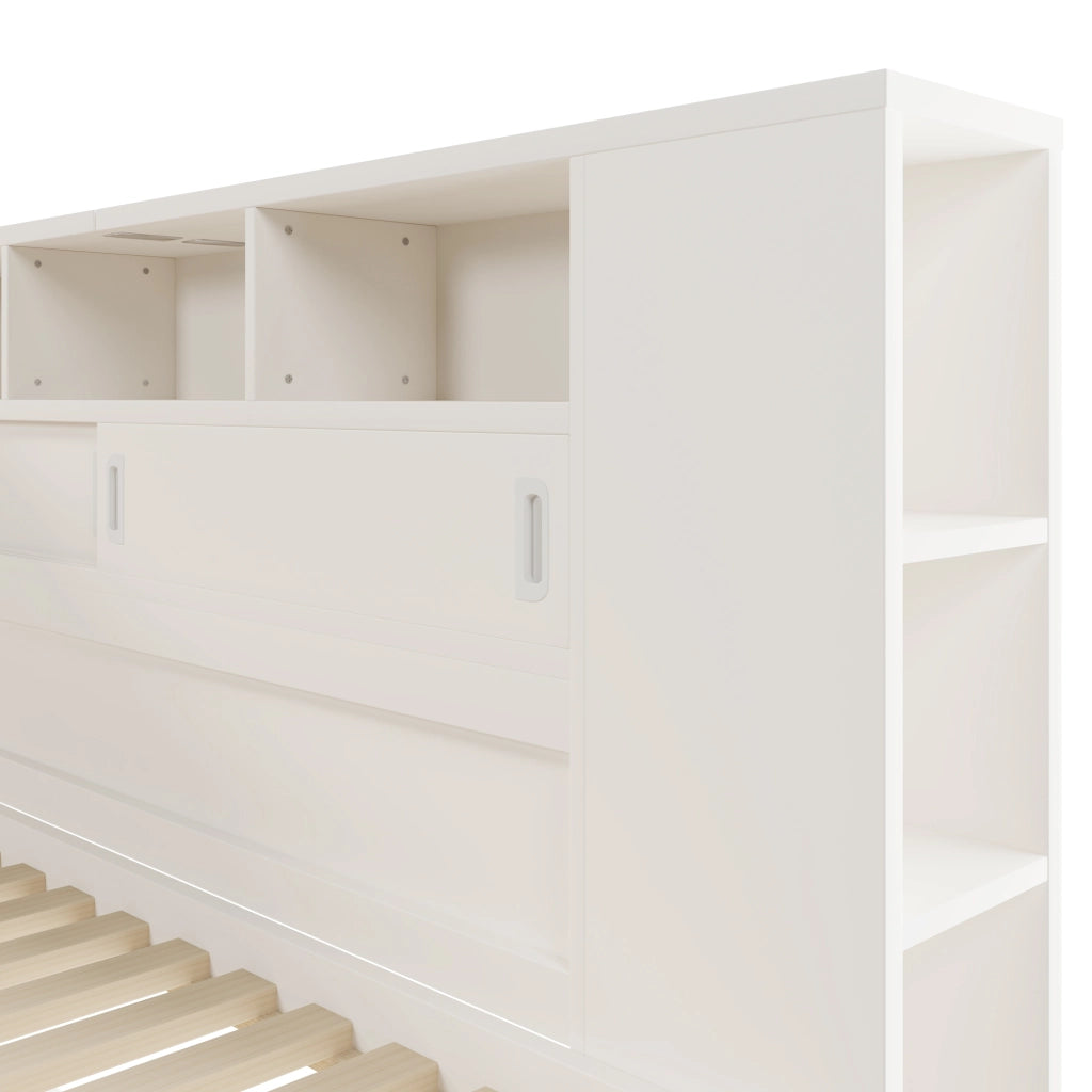 Letto singolo 90 × 200 cm con letto estraibile, contenitore con USB, senza materasso, bianco