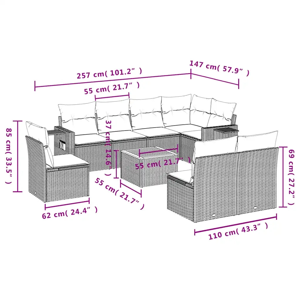 Set Divani da Giardino 9 pz con Cuscini Grigio in Polyrattan 3224605