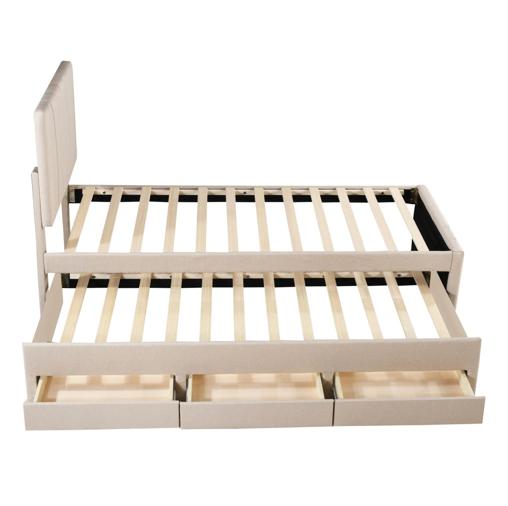 Letto imbottito singolo con letto estraibile e 3 cassetti 90x200 cm; beige