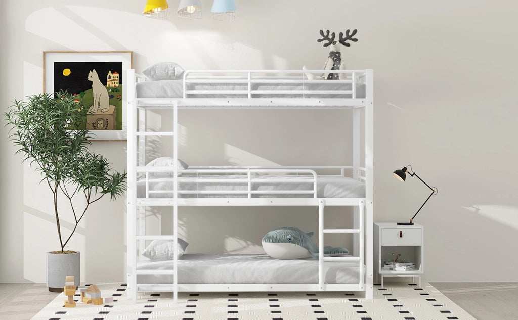 DESMIU Letto a castello 90 × 200 cm 3 posti con scala e sponde, senza materasso, in metallo, bianco
