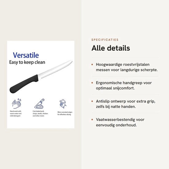 Set di coltelli da steak 6 pezzi - Acciaio inossidabile - Manico ergonomico - Antiscivolo - Coltelli affilati a lama a scaglie - Lunghezza 22 cm