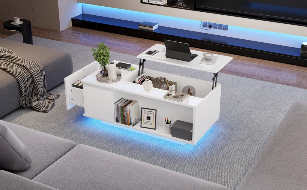 TAVOLINO da salotto 100x50x40 cm bianco in pannello di legno con piano sollevabile e LED