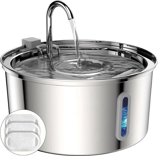 Fonte di acqua per animali 3,2L in acciaio inossidabile con finestra di osservazione - tipo rubinetto - resistente alla lavastoviglie - pompa silenziosa - doppio filtro