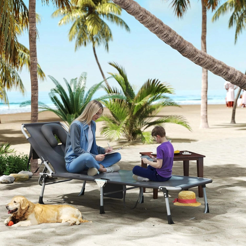 Sedia a sdraio pieghevole da giardino con schienale e poggiapiedi regolabili, portatile, da giardino, da spiaggia, per giardino, terrazza, spiaggia, grigio scuro