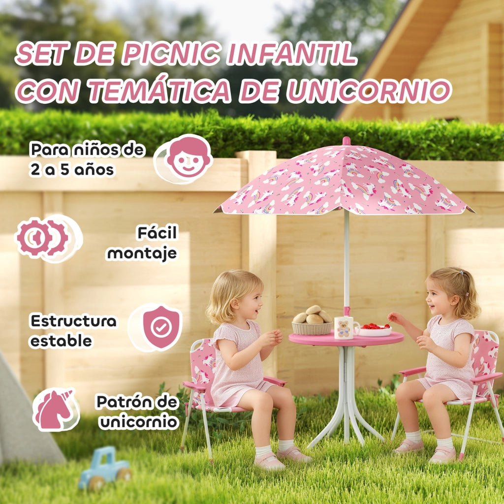 Set Tavolo e Sedie da Giardino per Bambini ¨C zephmum ¨C Rosa, Pieghevole, 4 Pezzi, Design Unicorni