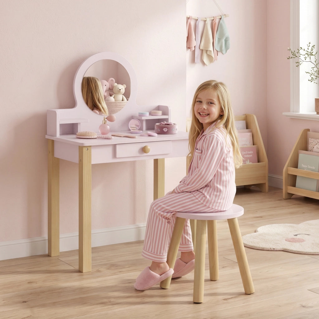 Set Toeletta Trucco per Bambina 55x34x82 cm con Sgabello Specchio e Cassetto in Legno Rosa