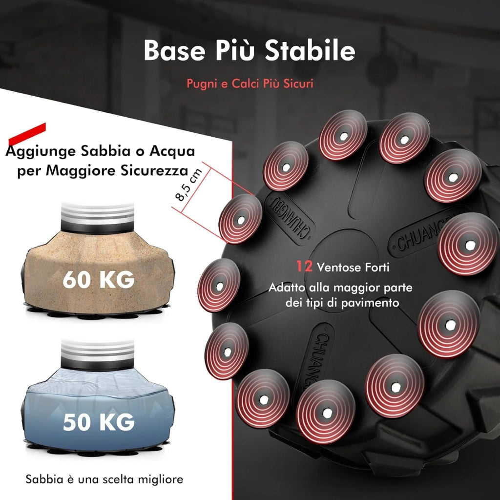 Sacco da Boxe da Terra Professionale con Area per Calci, Sacco Kick Boxing Autoportante con Base Riempibile da Sabbia e Acqua, 12 Ventose in Gomma e Struttura Multistrato