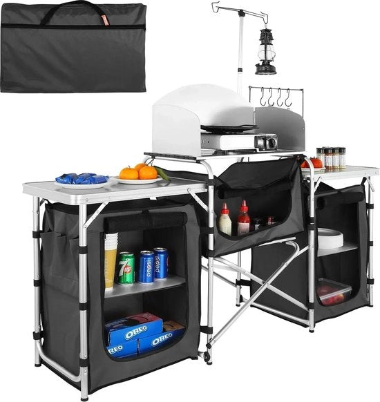Cucina da Campeggio - Tavolo da Esterno - Inclinabile - 174x110x46cm - Armadio da Campeggio - Incluso Tasca di Riposo - Tavolo da Esterno con Tasca di Riposo - Stazione di Cottura in Alluminio con 3 Cassetti - Schermo di Vento Rimovibile - Nero